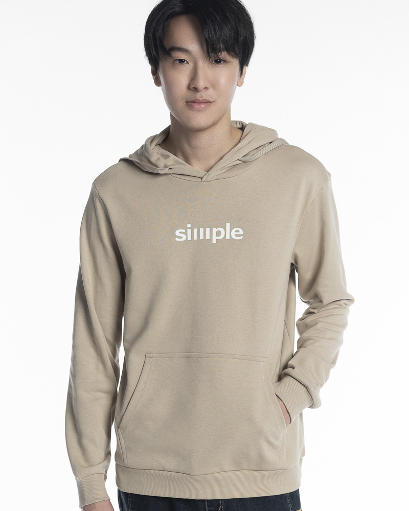 Yishion Men Solid Colour Pullover Hoodie with Kangaroo Pockets and SIMPLE Slogan Patch (Khaki Beige)